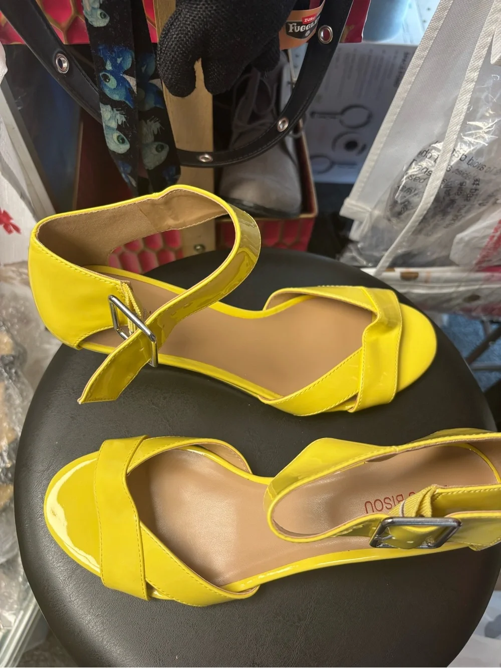 Bisou Bisou Lemon Yellow Patent Wedge Sandals with Buckle Ankle Strap